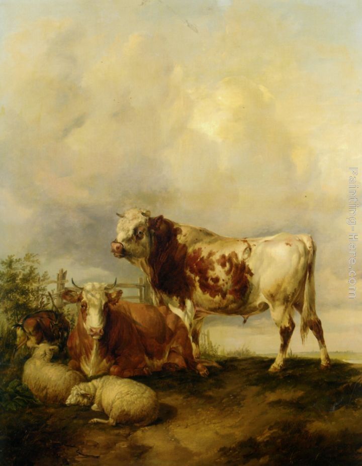 Thomas Sidney Cooper A Bull and Cow with Two Sheep and Goat
